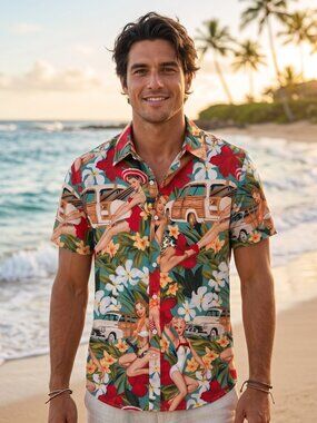 NWT TUNEVUSE Men Pin Up Girl Vintage Woody Wagon Hawaiian Beach Shirt Small